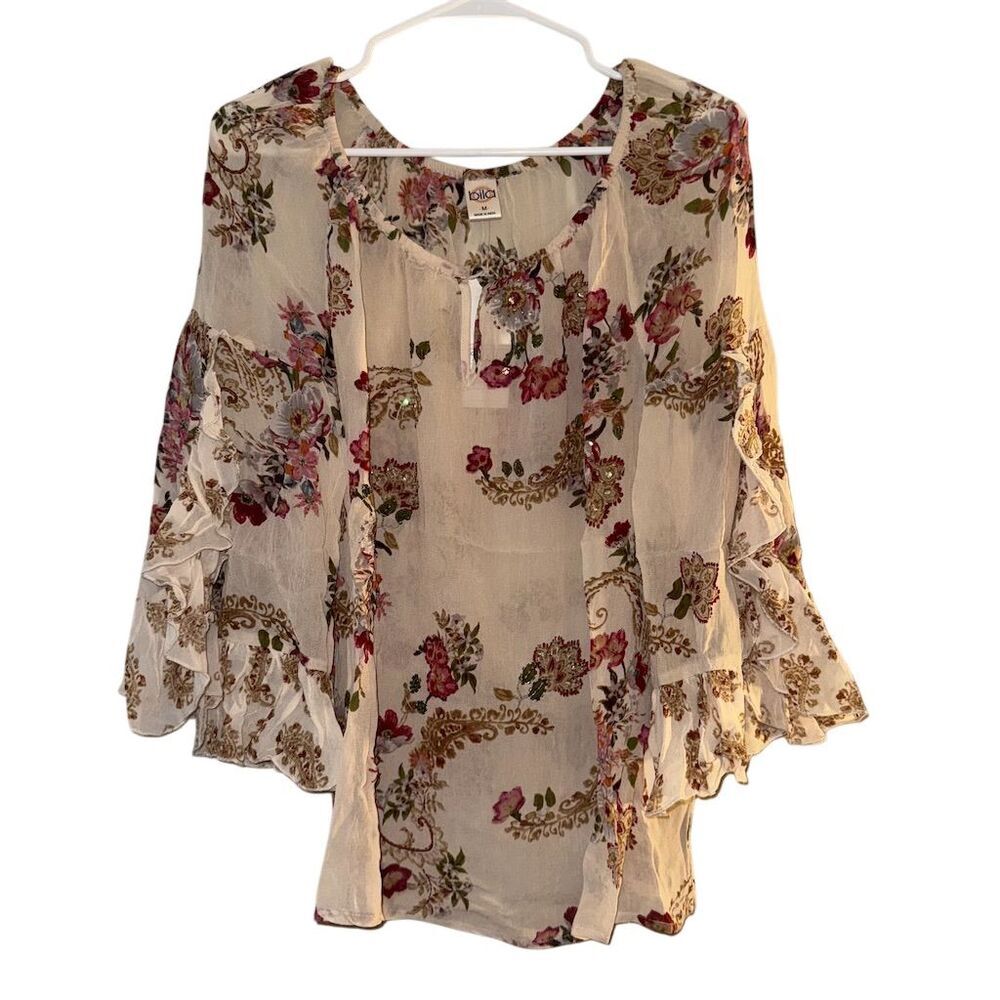 Bila Floral Paisley Ruffle Bell‎ Sleeve Sequin Blouse Cream Pink Medium NEW